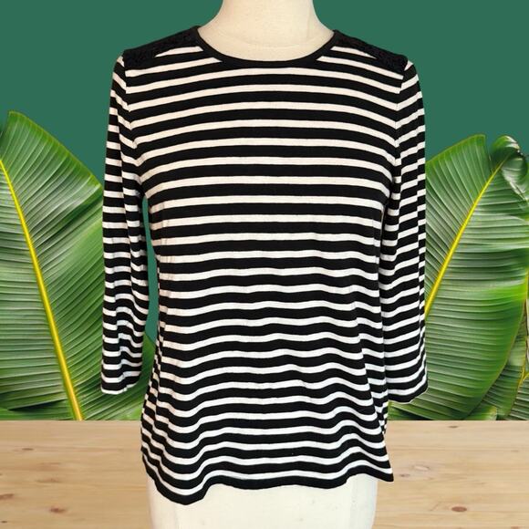 Talbots Tops - Talbots Striped Top Sz M Womens Lace Accent Yoke HiLo 3/4 Sleeves Preppy Coastal